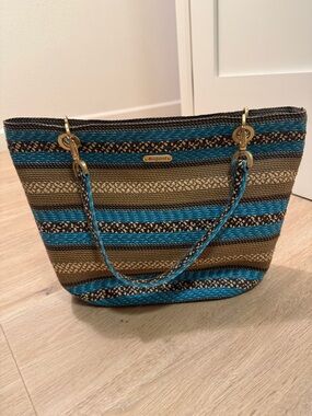 Eric Javits Turquoise and Brown Striped Woven Tote